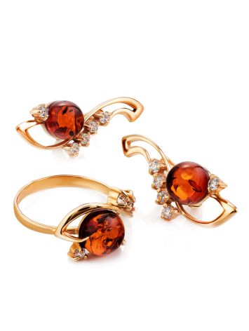 Bright Cognac Amber Ring In Gold-Plated Silver With Crystals The Swan, Ring Size: 12 / 21.5, image , picture 5