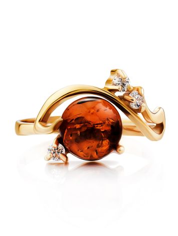 Bright Cognac Amber Ring In Gold-Plated Silver With Crystals The Swan, Ring Size: 12 / 21.5, image , picture 4