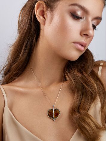 Luminous Leaf Motif Silver Amber Pendant, image , picture 3