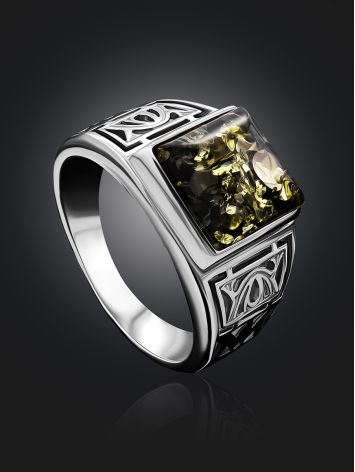 Geometric Men's Signet Ring With Green Amber The Cesar, Ring Size: 13 / 22, image , picture 3