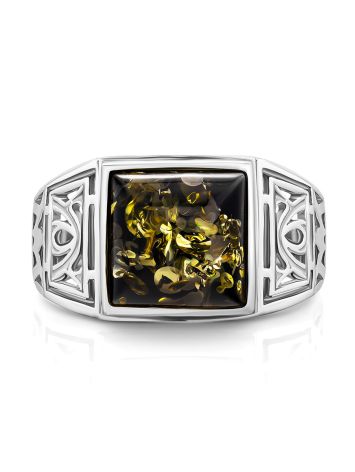 Geometric Men's Signet Ring With Green Amber The Cesar, Ring Size: 10 / 20, image , picture 4