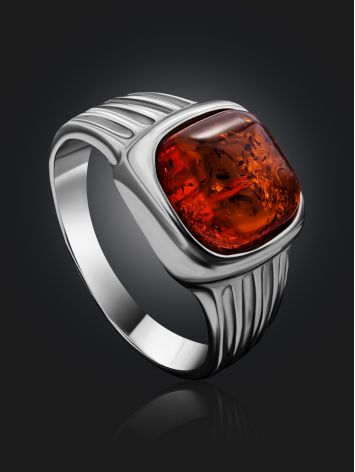Stylish Silver Men's Ring With Cognac Amber The Cesar, Ring Size: 7 / 17.5, image , picture 2