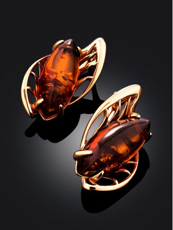 Gold-Plated Earrings With Cognac Amber The Tropicana, image , picture 2