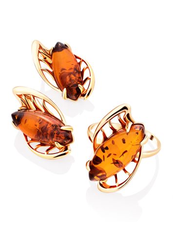 Bold Gold-Plated Ring With Cognac Amber The Tropicana, Ring Size: 13 / 22, image , picture 5