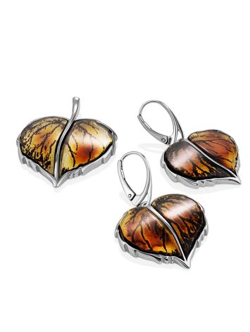 Luminous Leaf Motif Silver Amber Pendant, image , picture 6