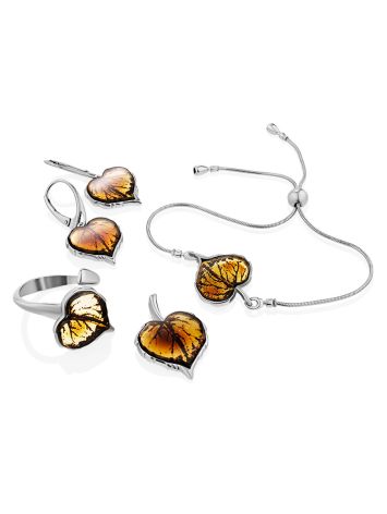 Luminous Leaf Motif Silver Amber Adjustable Ring, Ring Size: Adjustable, image , picture 4