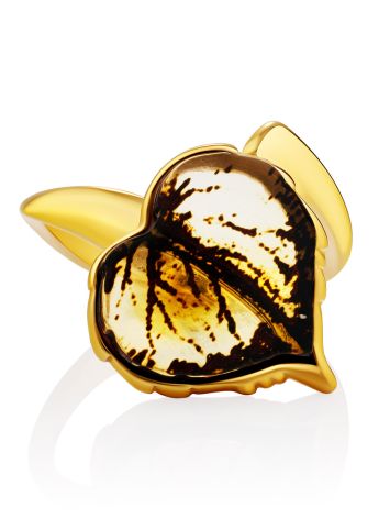 Linden Leaf Motif Gilded Silver Amber Ring, Ring Size: Adjustable, image , picture 3