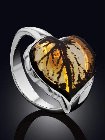 Luminous Leaf Motif Silver Amber Adjustable Ring, Ring Size: Adjustable, image , picture 2