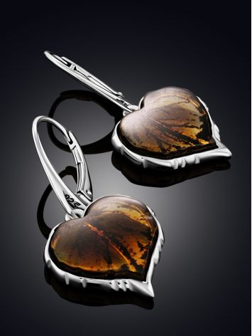 Linden Leaf Motif Silver Amber Earrings, image , picture 2