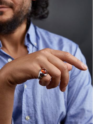 Bold Silver Men's Ring With Cognac Amber The Cesar, Ring Size: 9.5 / 19.5, image , picture 3