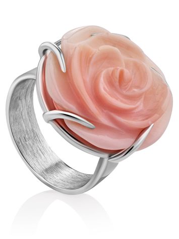 Rose Motif Silver And Spiny Oyster Shell Ring, Ring Size: Adjustable, image 