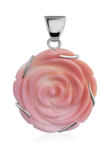 Chic Rose Motif Silver And Oyster Shell Pendant, image 