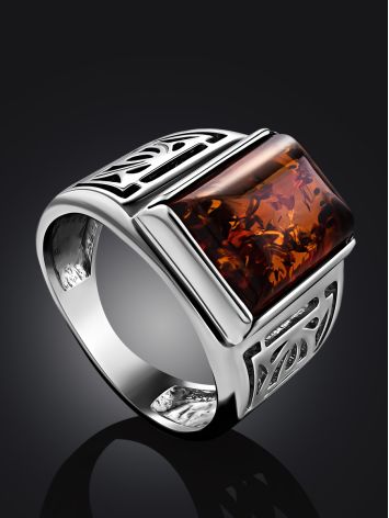 Filigree Silver Signet Ring With Cognac Amber The Cesar, Ring Size: 10 / 20, image , picture 2