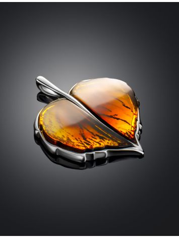 Luminous Leaf Motif Silver Amber Pendant, image , picture 2