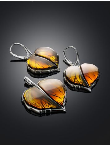 Luminous Leaf Motif Silver Amber Pendant, image , picture 5