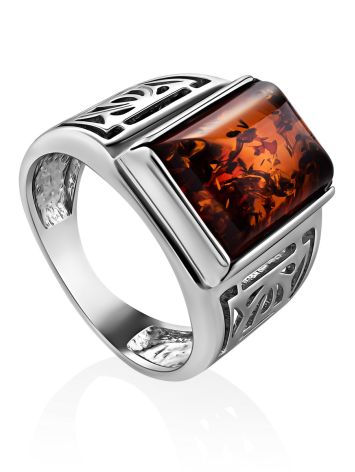 Filigree Silver Signet Ring With Cognac Amber The Cesar, Ring Size: 10 / 20, image 