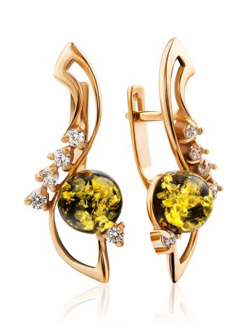 Green Amber Earrings In Gold With Crystals The Swan, image 