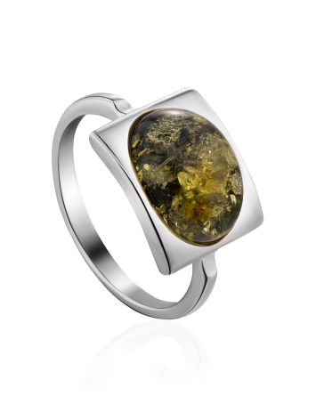 Sterling Silver Ring With Oval Green Amber Stone The Saturn, Ring Size: 9 / 19, image 