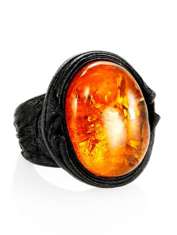 Dark Leather Open Ring With Cherry Amber The Nefertiti, Ring Size: Adjustable, image 
