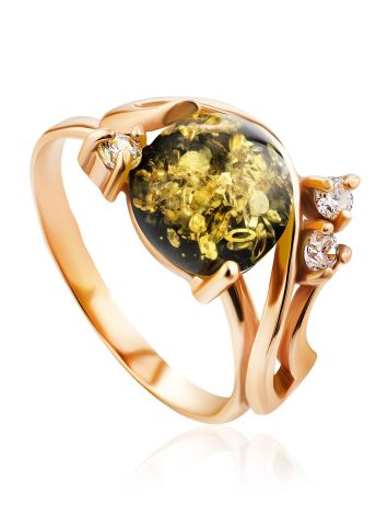 Fabulous Gold-Plated Ring With Green Amber And Crystals The Swan, Ring Size: 12 / 21.5, image 
