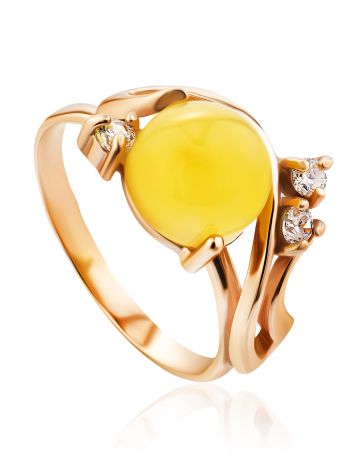 Charming Gold-Plated Ring With Honey Amber And Crystals The Swan, Ring Size: 13 / 22, image 