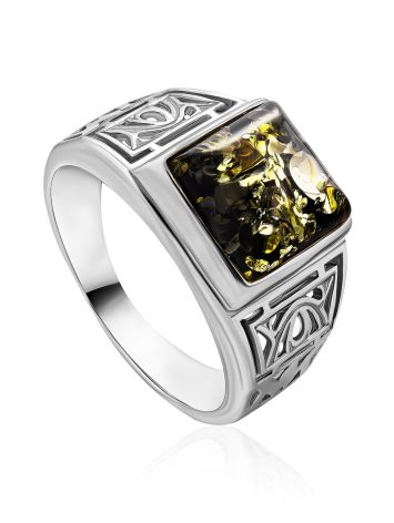 Geometric Men's Signet Ring With Green Amber The Cesar, Ring Size: 13 / 22, image 