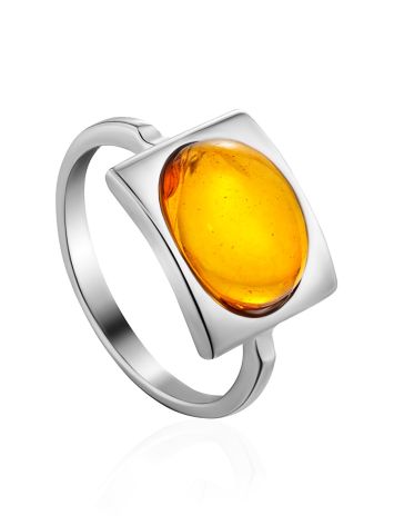 Geometric Silver Ring With Cognac Amber The Saturn, Ring Size: 5.5 / 16, image 