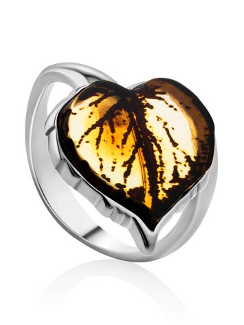 Luminous Leaf Motif Silver Amber Adjustable Ring, Ring Size: Adjustable, image 