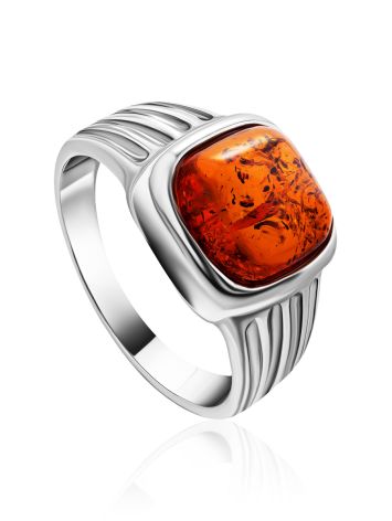 Stylish Silver Men's Ring With Cognac Amber The Cesar, Ring Size: 6.5 / 17, image 