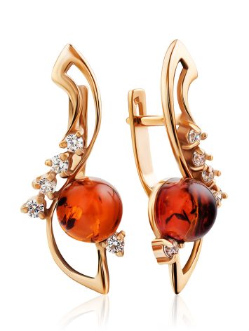 Cognac Amber Earrings In Gold With Crystals The Swan, image 