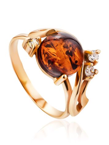 Bright Cognac Amber Ring In Gold-Plated Silver With Crystals The Swan, Ring Size: 12 / 21.5, image 