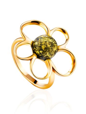 Adorable Floral Ring In Gold-Plated Silver With Green Amber The Daisy, Ring Size: 5.5 / 16, image 