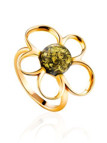 Adorable Floral Ring In Gold-Plated Silver With Green Amber The Daisy, Ring Size: 12 / 21.5, image 