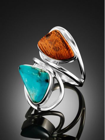 Ethnic Style Wood And Larimar Ring The Bella Terra, Ring Size: Adjustable, image , picture 2