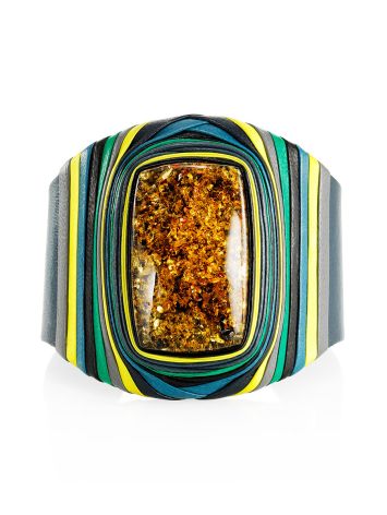 Wide Mix Color Leather Cuff Bracelet With Natural Green Amber, image , picture 3