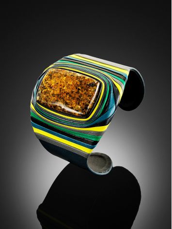 Wide Mix Color Leather Cuff Bracelet With Natural Green Amber, image , picture 2