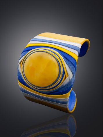 Blue And Yellow Leather Cuff Bracelet With Natural Amber, image , picture 2