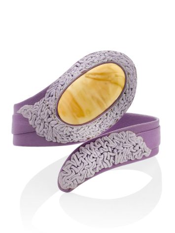 Lilac Leather Bracelet With Honey Colored Amber Centerstone, image , picture 3