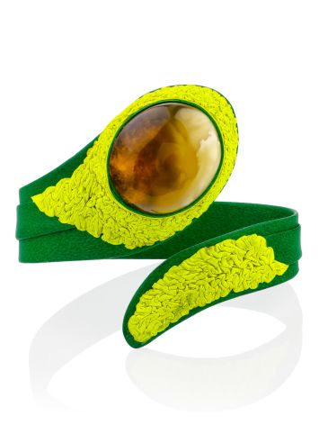 Colorful Green Leather Bracelet With Natural Amber Centerstone, image , picture 3
