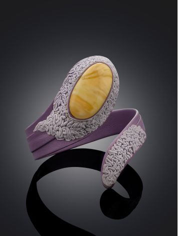 Lilac Leather Bracelet With Honey Colored Amber Centerstone, image , picture 2