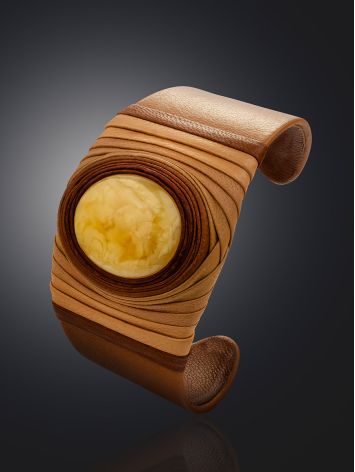 Wide Brown Leather Cuff Bracelet With Amber, image , picture 2