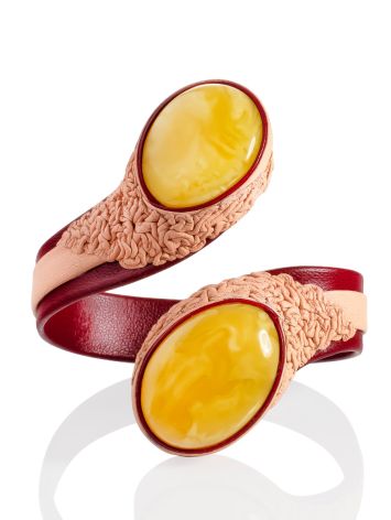 Two-Toned Leather Cuff Bracelet With Natural Amber Centerstone, image , picture 3