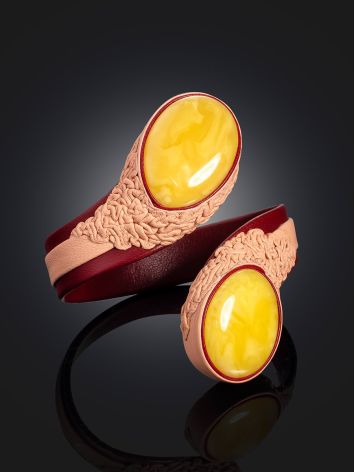 Two-Toned Leather Cuff Bracelet With Natural Amber Centerstone, image , picture 2