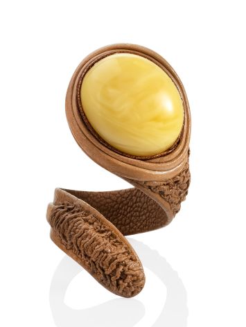 Boho Chic Brown Leather Ring With Natural Amber, Ring Size: Adjustable, image , picture 3