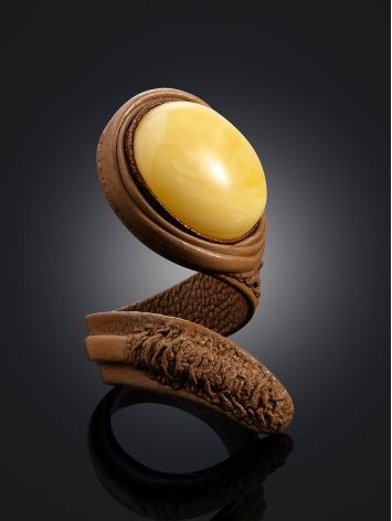Boho Chic Brown Leather Ring With Natural Amber, Ring Size: Adjustable, image , picture 2