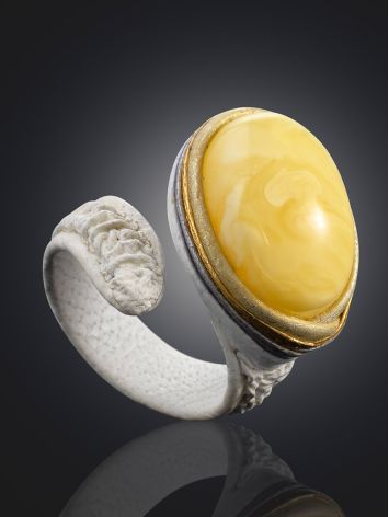 Exclusive White Leather Flexible Ring With Natural Amber, Ring Size: Adjustable, image , picture 2
