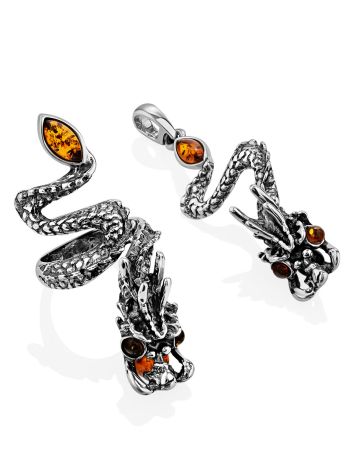 Dragon Design Silver Amber Ring, Ring Size: Adjustable, image , picture 6