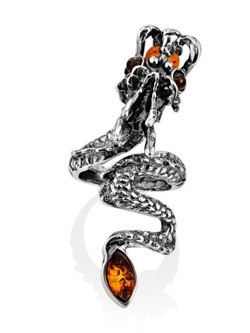 Dragon Design Silver Amber Ring, Ring Size: Adjustable, image , picture 4