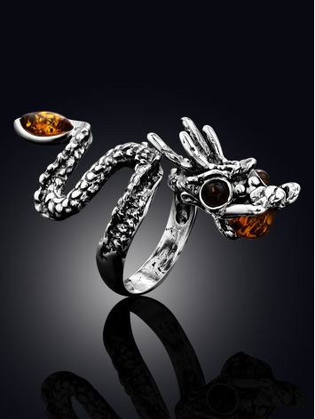 Dragon Design Silver Amber Ring, Ring Size: Adjustable, image , picture 2