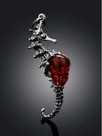 Sea Horse Design Silver Amber Pendant, image , picture 2